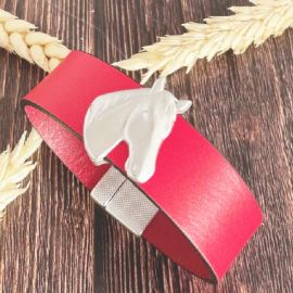 Kit bracelet cuir rouge tete de chevalet fermoir magnetique argent manchette