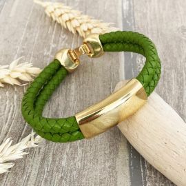 Kit bracelet cuir tresse vert double passant et fermoir or
