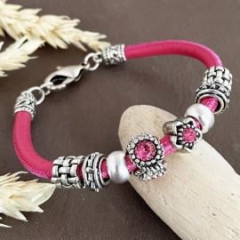 Kit bracelet cuir nappa couture fuchsia perles antiques
