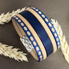 Kit bracelet cuir imprime igeometrique bleu et naturel fermoir martele argent et son tutoriel