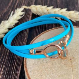 Kit bracelet en cuir fin bleu turquoise avec fermoir menottes or rose