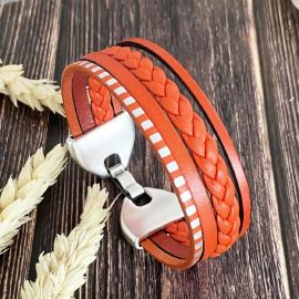 Kit bracelet cuir manchette tresse orange fermoir argent