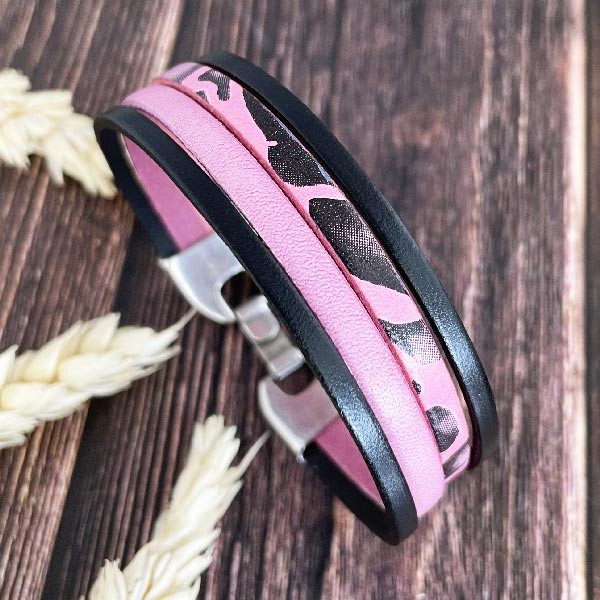Kit bracelet cuir manchette animal rose et noir fermoir argent
