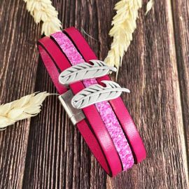 Kit tutoriel bracelet cuir 3 bandes fuchsia fermoir magnetique argent