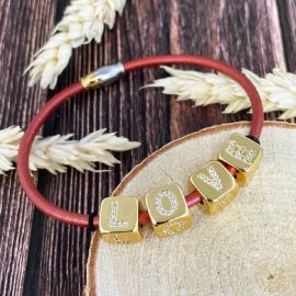 Kit bracelet cuir rond rouge metal perles love plaqué or tutoriel offert
