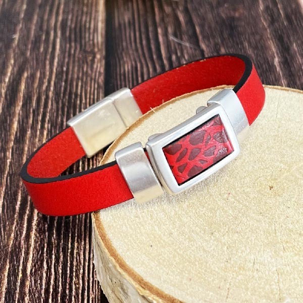 Kit tutoriel bracelet cuir rouge cabochon rectangle rouge et argent