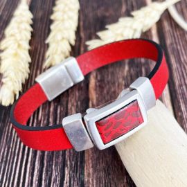 Kit tutoriel bracelet cuir rouge cabochon rectangle rouge et argent