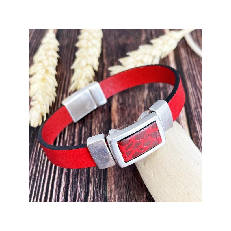 Maison Martin Margiela Bracelet Manchette Cuir Rouge Argenté 21cm