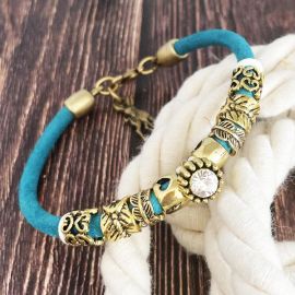 Kit bracelet cuir rond couture top qualite turquoise metal dore et cristal tutoriel offert