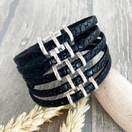 Kit bracelet cuir croco noir 5 brins ethnique argent avec tutoriel