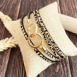 Kit bracelet en cuir fin noir et or 4 tours avec fermoir menottes or