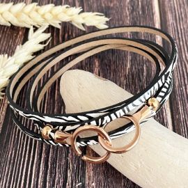 Kit bracelet en cuir fin noir et blanc 4 tours avec fermoir menottes or rose