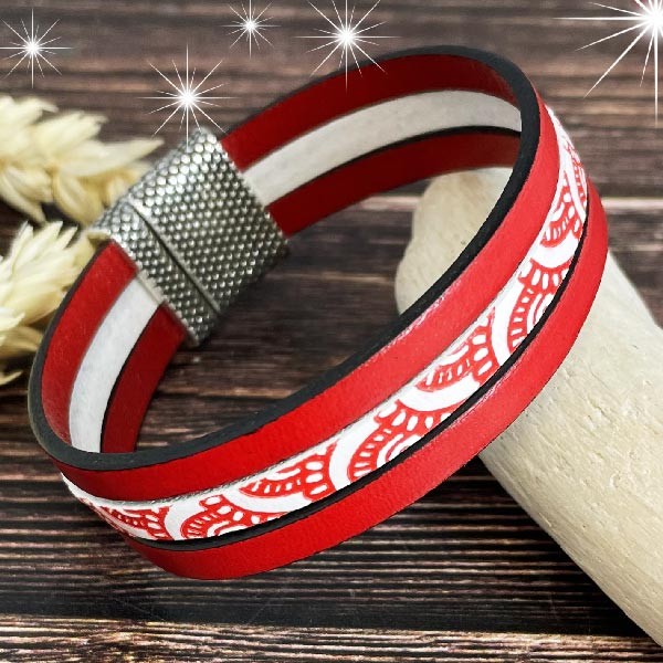 Kit tutoriel bracelet cuir Stella, rouge et blanc vagues