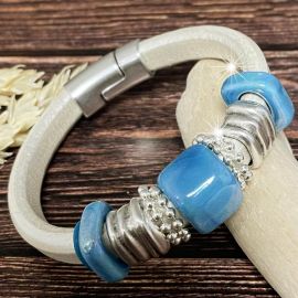 Kit bracelet cuir regaliz Natalia, ivoire nacre avec perles turquoise et argent