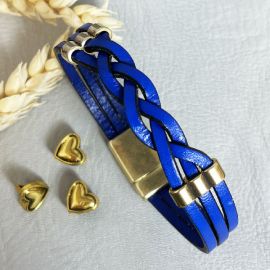 Kit tutoriel bracelet cuir tresse bleu vif avec perles et fermoir magnetique bronze