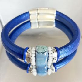 Kit bracelet cuir regaliz bleu avec perles ceramique et rocailles et