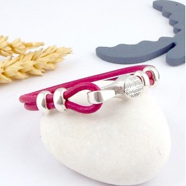 kit tutoriel bracelet cuir rond fuchsia et fermoir crochet argent deux