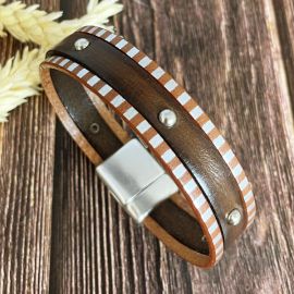 Kit tutoriel bracelet cuir Dominique 3 bandes marron clous fermoir plaque argent