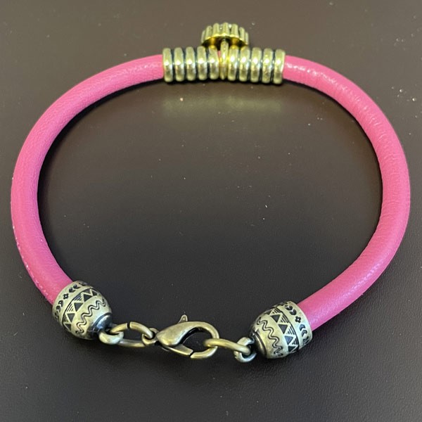Kit bracelet cuir Michaella nappa couture fuchsia perles et fermoir antique bronze