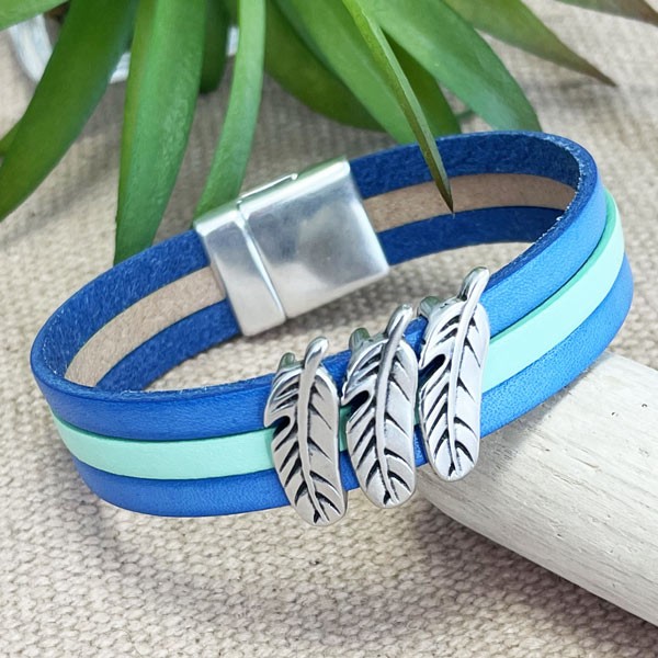 Kit  bracelet cuir Marina bleu vert fleches ethniques argent