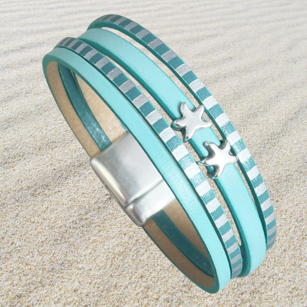 Kit bracelet cuir sous les paves pastel turquoise argent