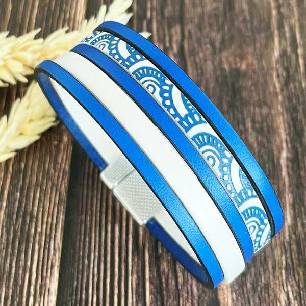 Kit Bracelet manchette cuir bleu et blanc vagues avec tutoriel