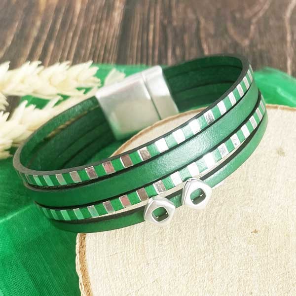 Kit bracelet cuir raye vert et argent