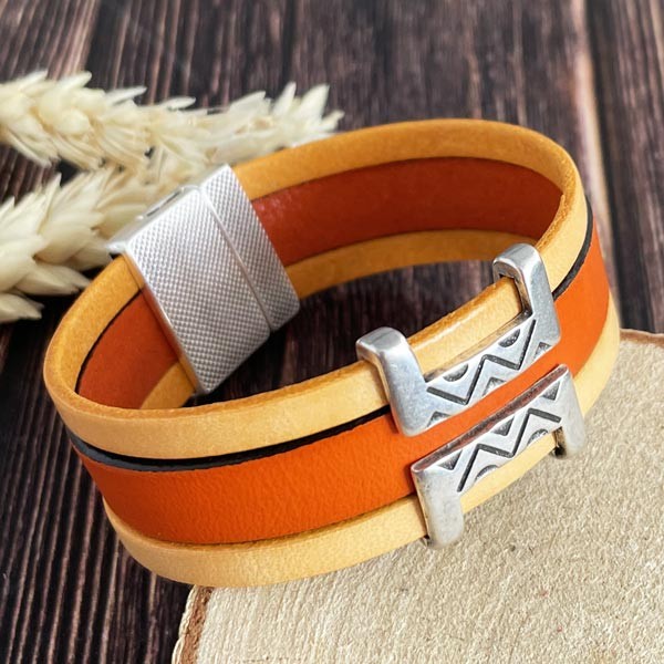 Kit tutoriel bracelet cuir manchette orange et argent