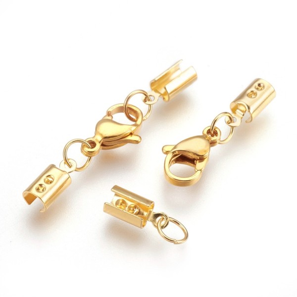 Fermoir embout mousqueton or acier inoxydable a serrer pour cuir 3mm