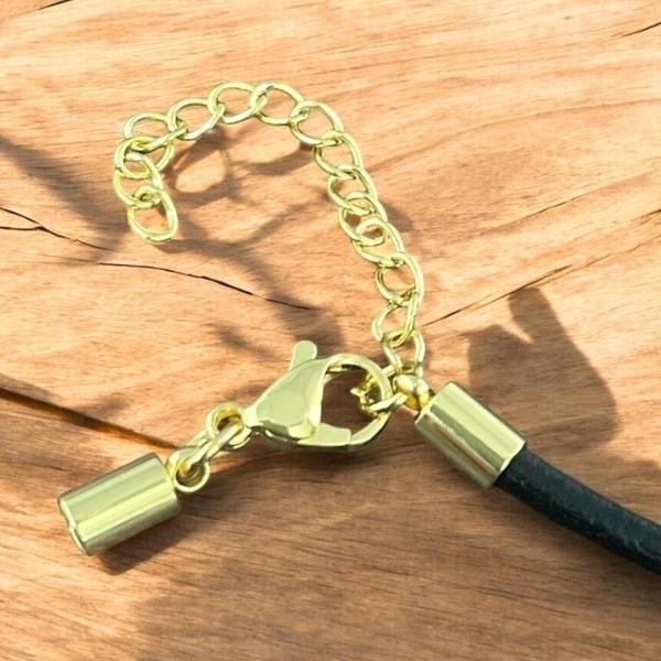 Fermoir embout mousqueton avec rallonge acier inoxydable dore pour cuir 3mm