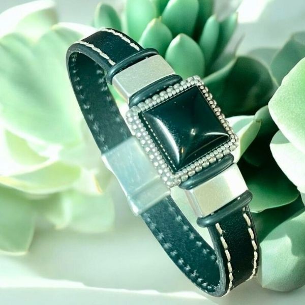 Kit bracelet cuir noir coutures Passadena avec passant onyx veritable