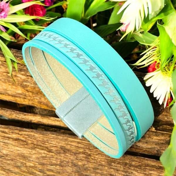 Kit  bracelet cuir pied de poule turquoise pastel et argent
