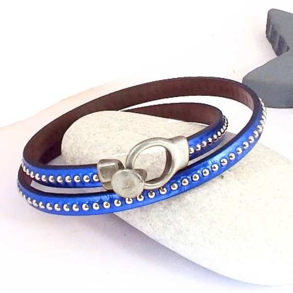 Kit tutoriel bracelet cuir bleu miroir billes double fermoir argent
