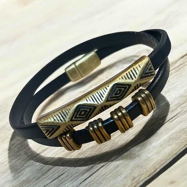 Kit bracelet cuir double noir et bronze ethnique