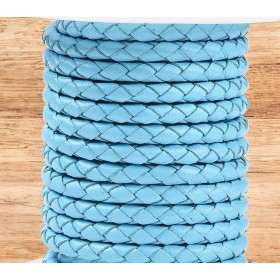 Cordon cuir rond tresse turquoise pastel 4MM par 20cm
