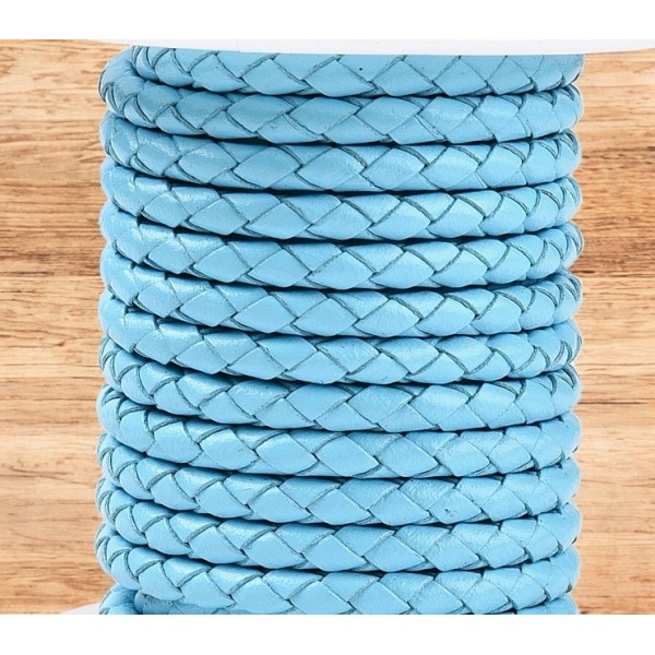 Cordon cuir rond tresse turquoise pastel 4MM par 20cm