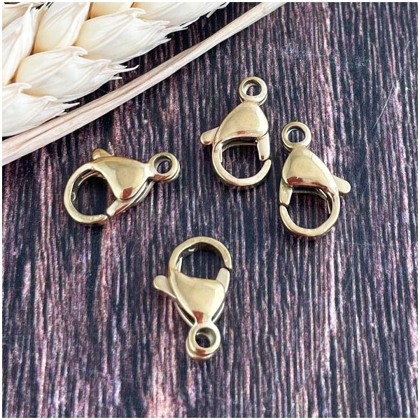 4 fermoirs mousqueton acier inoxydable dorés 15x8mm