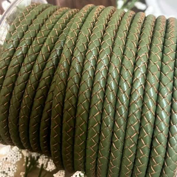 Cordon cuir rond tresse kaki 5MM par 20cm