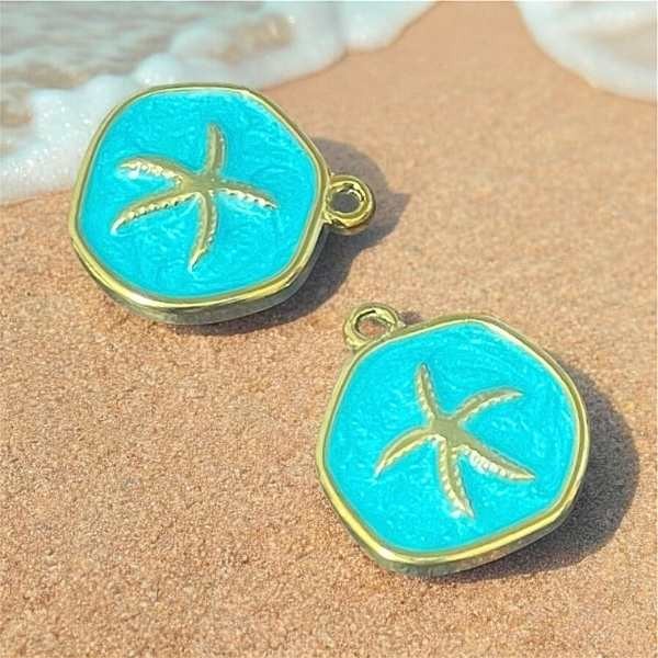 Pendentif etoile de mer acier inoxydable or et email turquoise 15mm