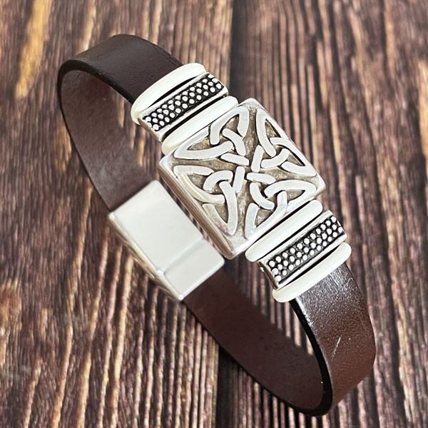 Kit  bracelet cuir marron LEONIE passant grec argent 