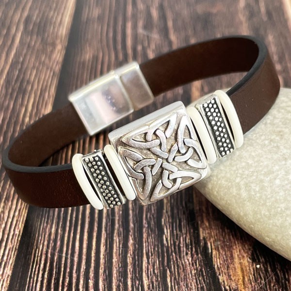 Kit  bracelet cuir marron LEONIE passant grec argent 