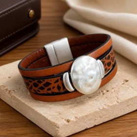 Kit  bracelet cuir manchette marron animal camel et argent