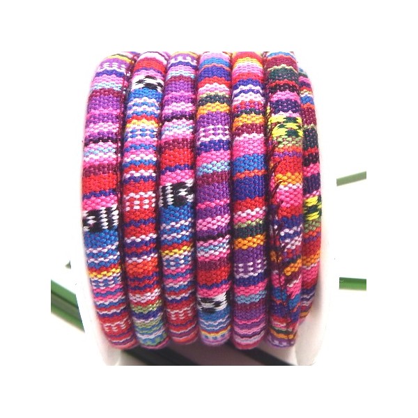 Cordon coton ethnique fuchsia multicolore 6.5mm par 20cm