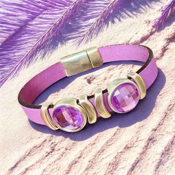 Bracelet cuir lilas ET ARGENT cabochons assortis