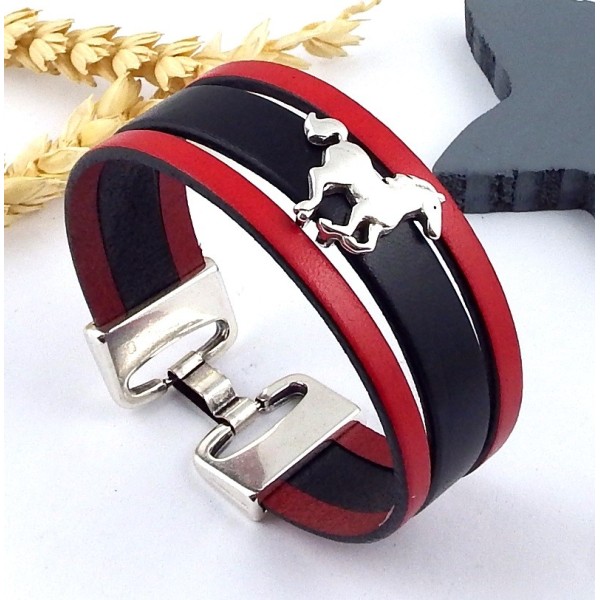 kit tutoriel bracelet cuir rouge et noir passant cheval plaque argent 