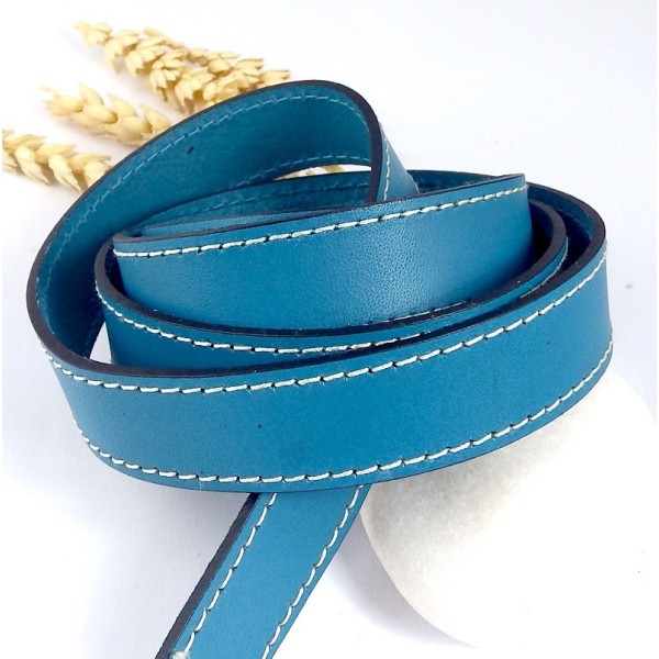 Cuir plat 20mm turquoise coutures