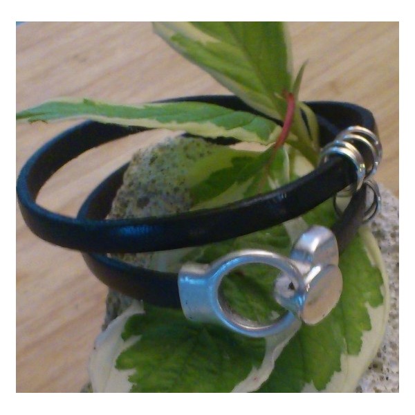 Bracelet cuir noir double fait avec Fermoir zamak plaque argent 