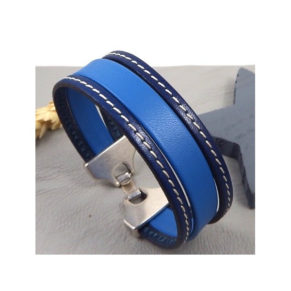 Bracelet manchette bleu réalisé avec cuir plat bleu couture 5mm 