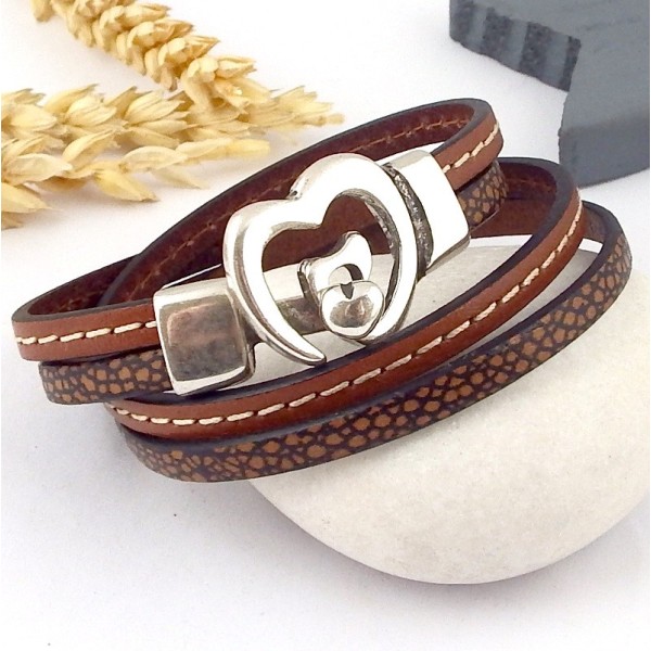 Bracelet cuir double coeur fabriqué avec cuir plat camel 5mm avec couture 