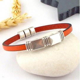 Bracelet cuir design orange et argent